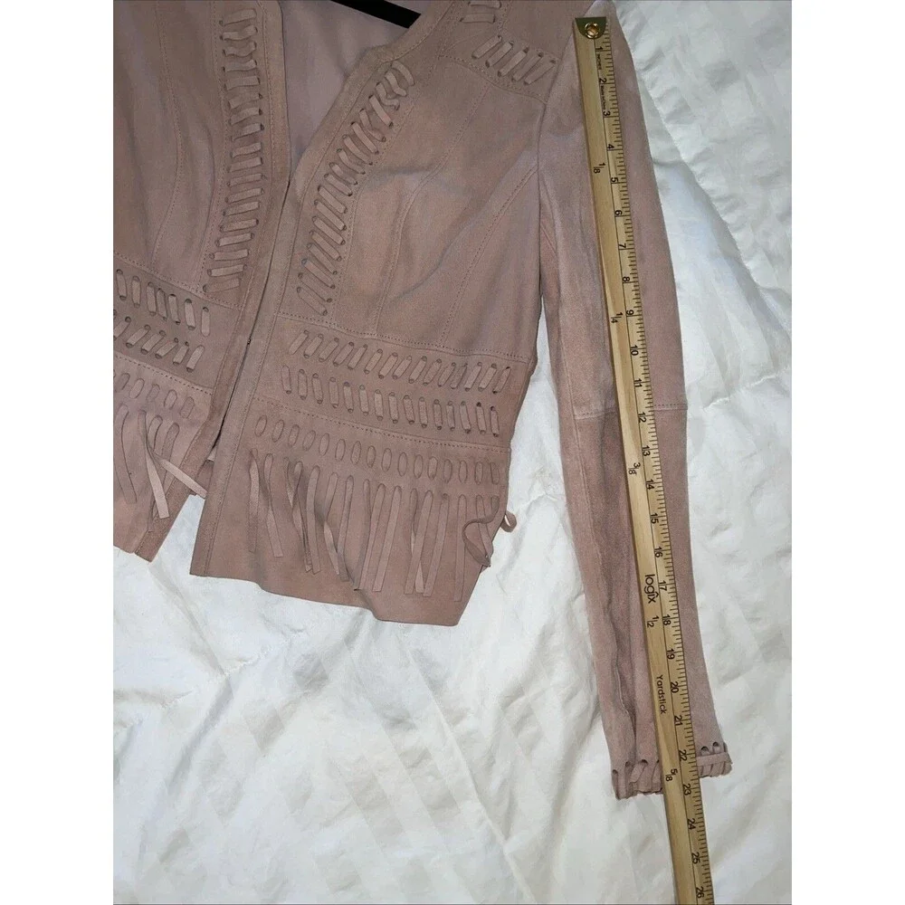 WHITE HOUSE BLACK MARKET Women Fringe Leather Suede Jacket Small Light Pink Boho - Picture 14 of 16